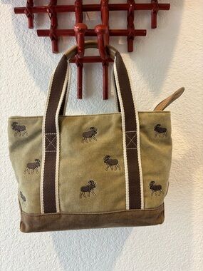 Canvas Moose Tote Bag in Olive Green with Brown Straps